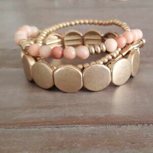 Stack of 4 Gold Beads and Pearl Stretch Elastic Boho Bracelets
